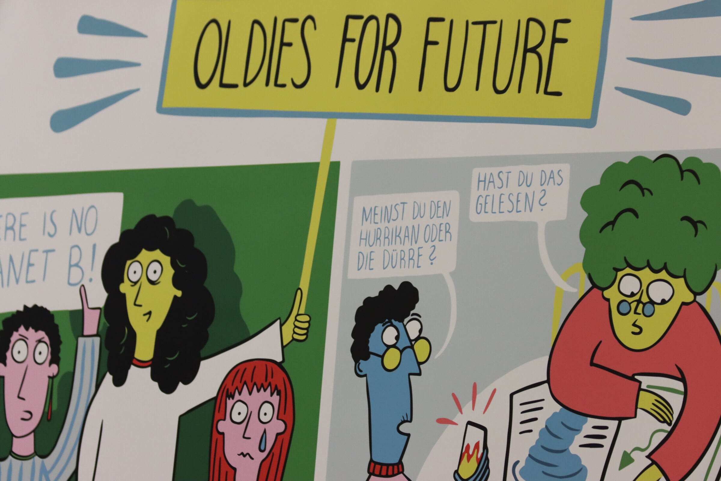 Das Foto zeigt einen Ausschnitt aus dem Comic, das Julia Schneider f&uuml;r das DZA entwickelte. Zu sehen ist unter anderem ein Schild, auf dem steht: Oldies for Future.
